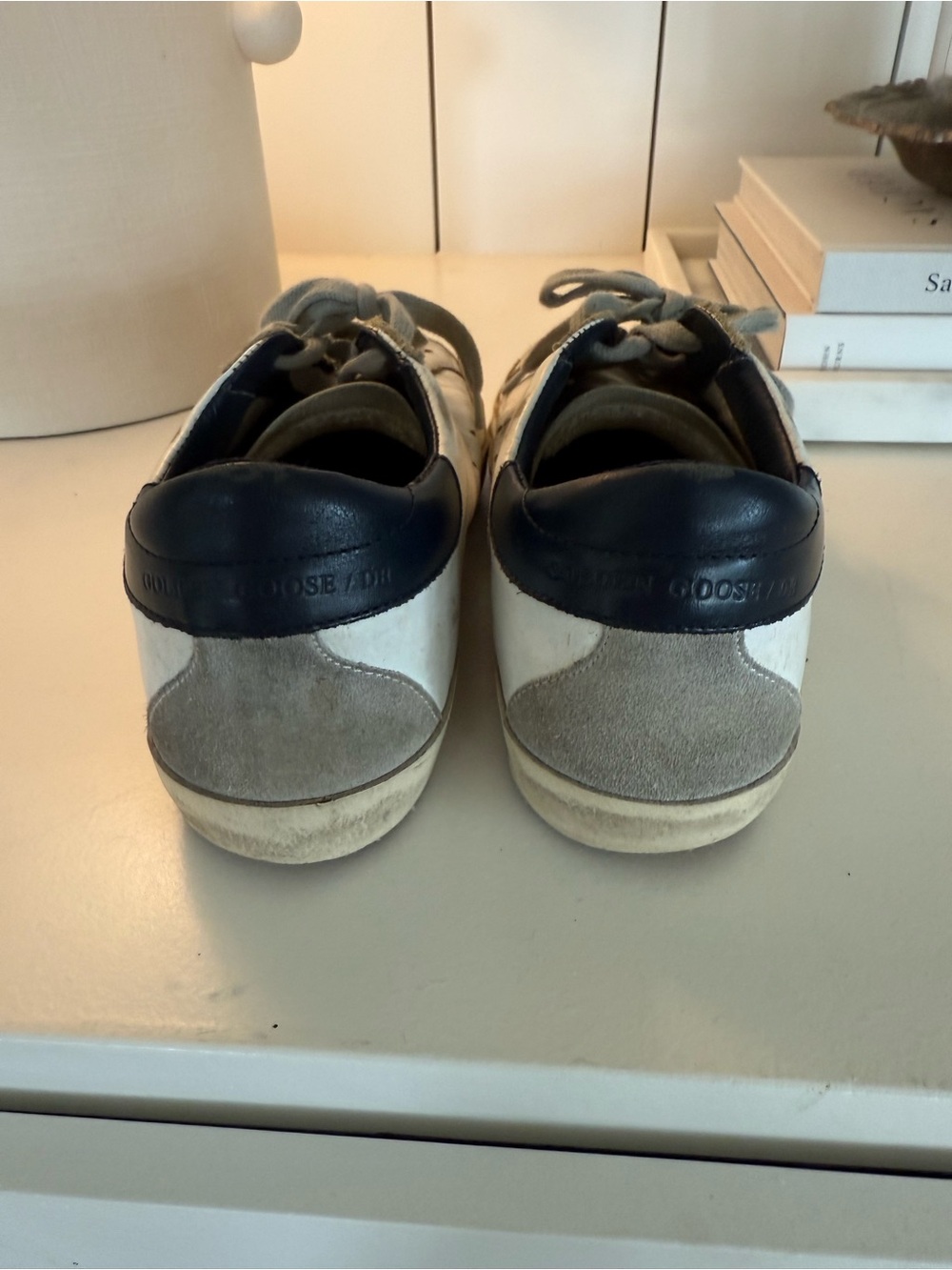 Golden Goose White Leather Sneakers with Gray Star and Navy Heel - Picture 3 of 6